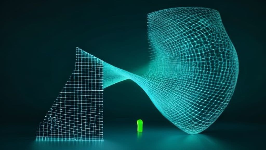 Abstract brand visual for AI Systems Psychology: a precise teal measurement lattice meeting an organic lime form, representing the two halves of the discipline, measuring AI and protecting human agency.