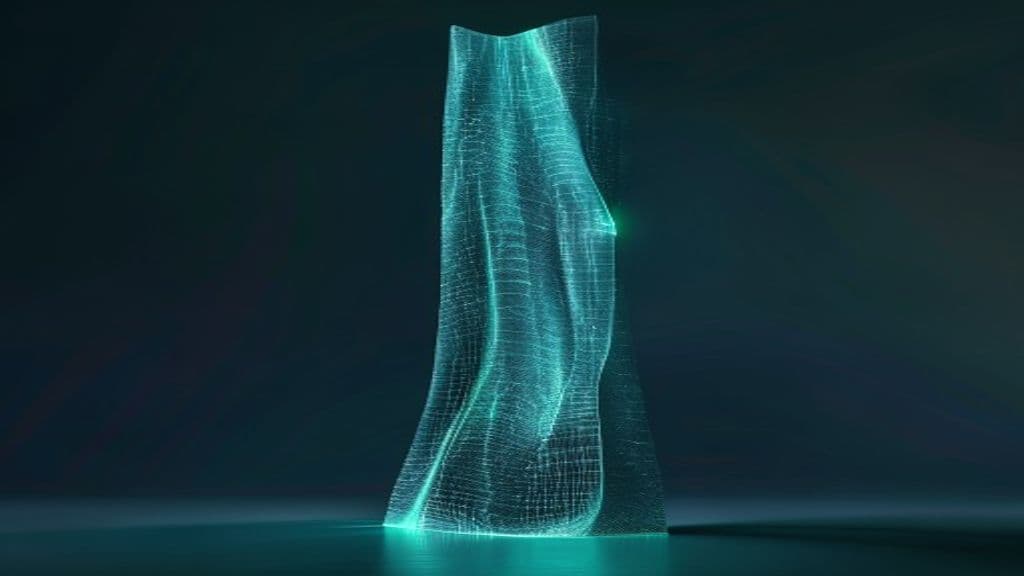 Abstract brand visual of a digital twin of a person: a luminous translucent human figure formed from flowing data contours and a measurement lattice, a living model that is continuously refined rather than a copy.